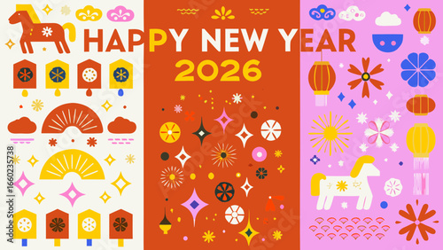Happy new year 2026 festive celebration with horse and lanterns