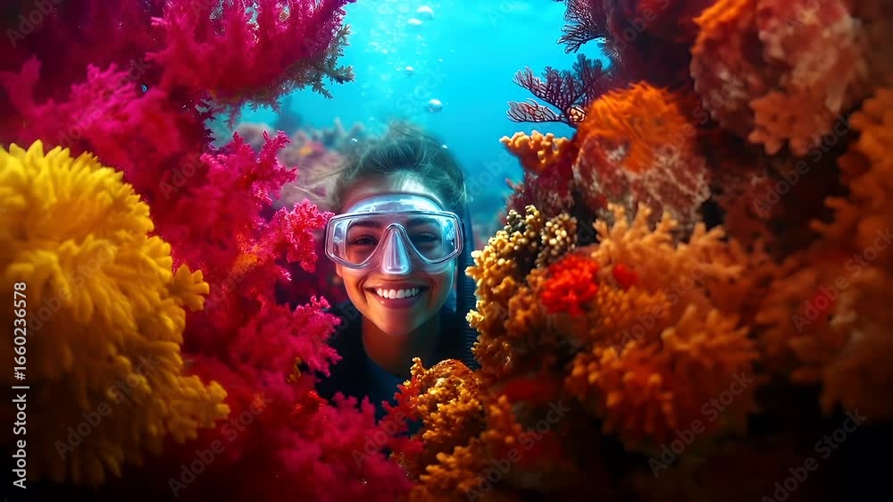 A vivid underwater scene featuring a woman snorkeling amidst a coral reef. The woman is partially submerged in the water, with her face partially obscured by a mask and snorkel.