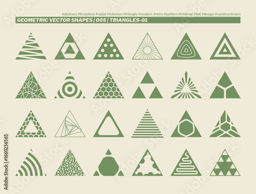 Geometric Vector Shapes Collection: Triangles. Minimalist Brutalist design with a variety of green geometric shapes, perfect for abstract patterns, backgrounds, and graphic design projects.
