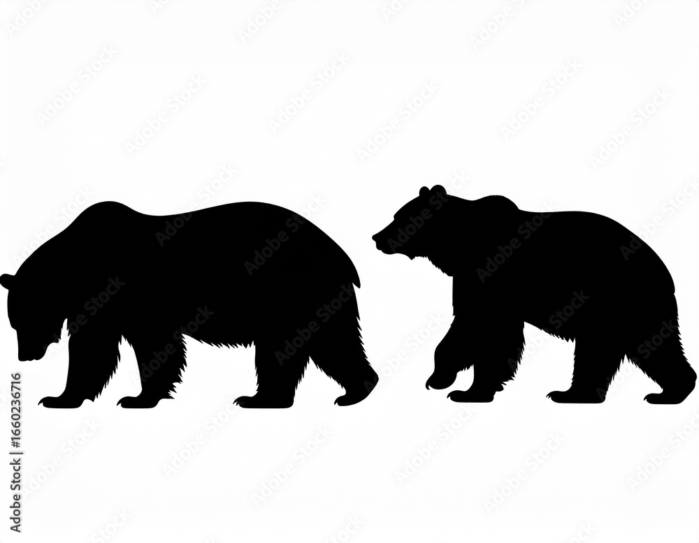 Fototapeta premium Two black bear silhouettes, side profiles, presented against a plain white background.