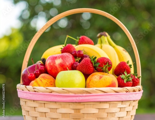 A vibrant basket overflowing with a variety of colorful fruits, including apples, bananas, strawberries, peaches, and cherries.