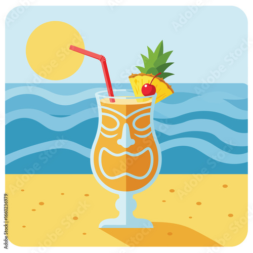 Tiki cocktail on sandy beach with ocean and sun in background