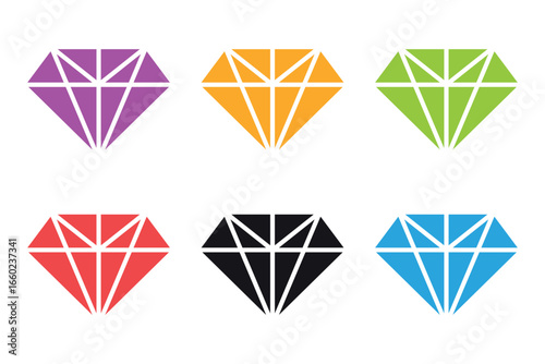 Set of colorful geometric diamond vector icons in purple, orange, green, red, black, and blue. Minimal faceted gemstone outline design representing luxury, wealth, jewelry, elegance, and treasure.