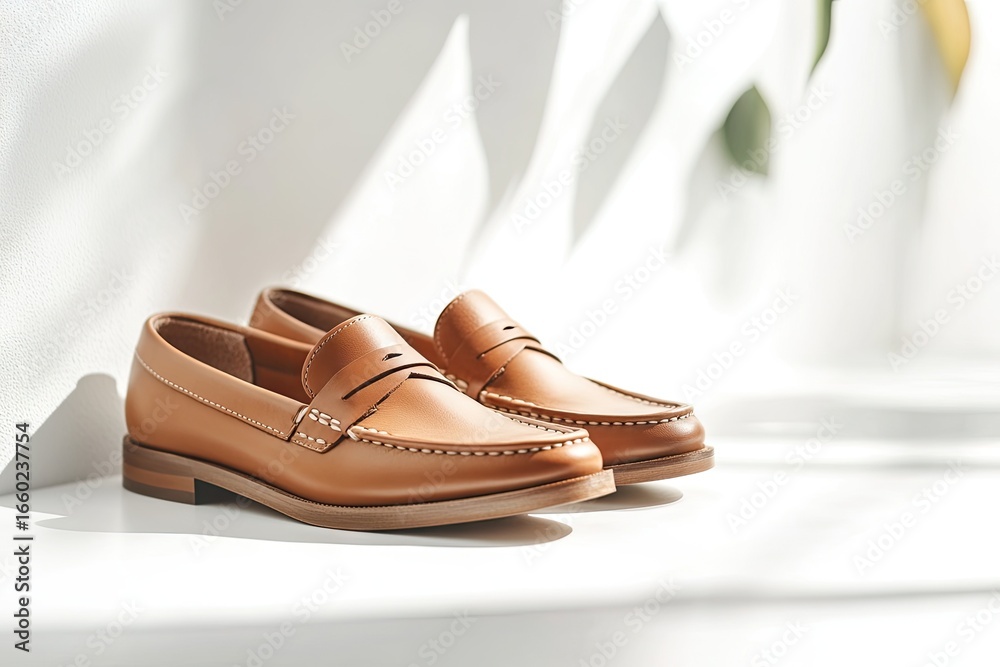 Light brown loafers on white shelf Light brown loafers on white shelf