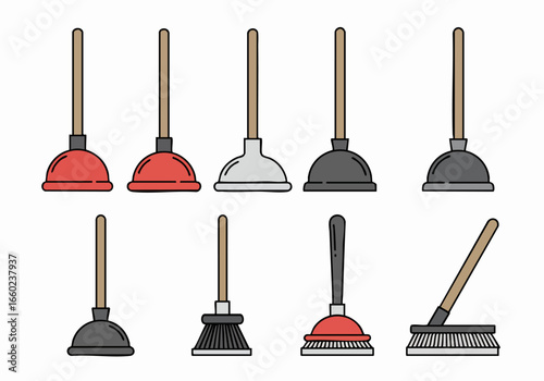 Collection of Cartoon Plungers and Brushes for Household Cleaning and Plumbing Tasks on White Background