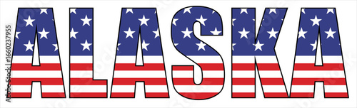 Vector isolated on transparent background t-shirt drawing with inscription of Alaska state name with national united states flag. Design for fabric, paper, clothing. USA font. Mockup america t shirt. 