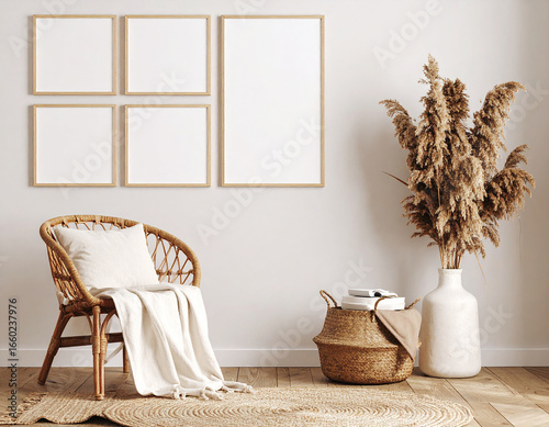 A cozy interior scene featuring a wicker chair, blank picture frames, and decorative elements.