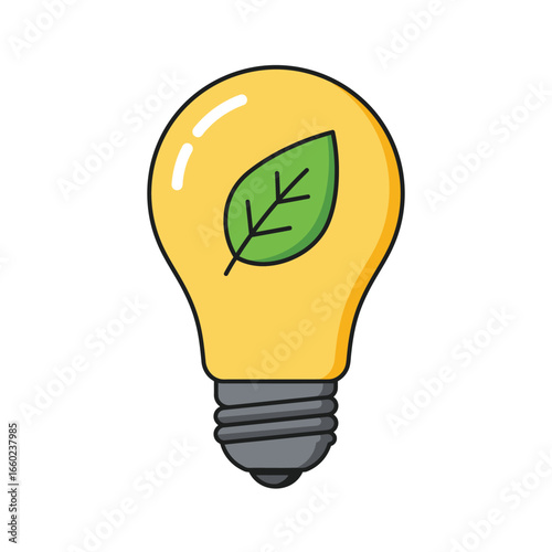 Yellow light bulb with green leaf symbol on white background