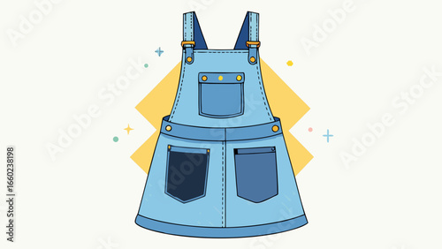 Pinafore dress in denim with adjustable straps and front patch pockets .white background, 