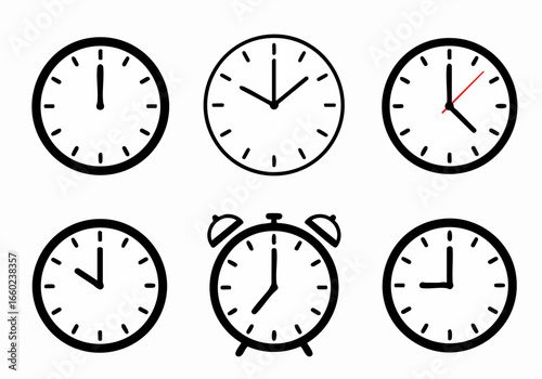 Collection of minimalist black outline clock and alarm clock icons on a white background, symbolizing time management.