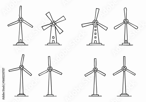 Set of hand-drawn wind turbines and traditional windmills icons. Vector doodle illustrations of renewable energy power generators and classic mills in simple outline style.