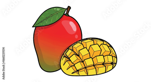 Vibrant mango fruit illustration with tropical leaves