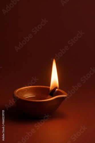 Burning clay oil lamp with flame in close-up view