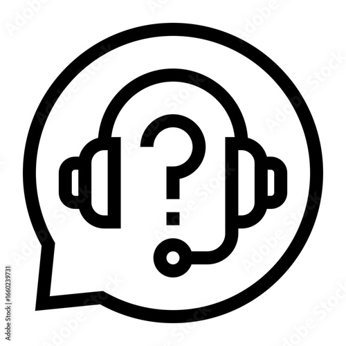Icono de chat de ayuda. Atención en línea, asistencia inmediata. Globo de diálogo con audífonos y signo de interrogación. Ilustración vectorial