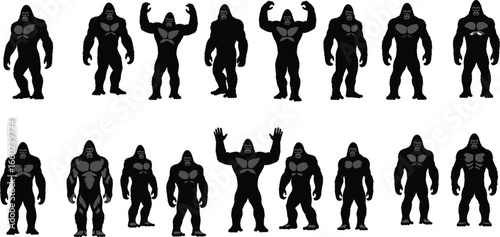 Gorilla evolution vector set featuring strong ape poses, cartoon characters, monster silhouettes, and futuristic muscle beasts for animation design