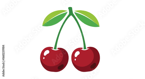 Vibrant red cherry illustration with green leaves and stem