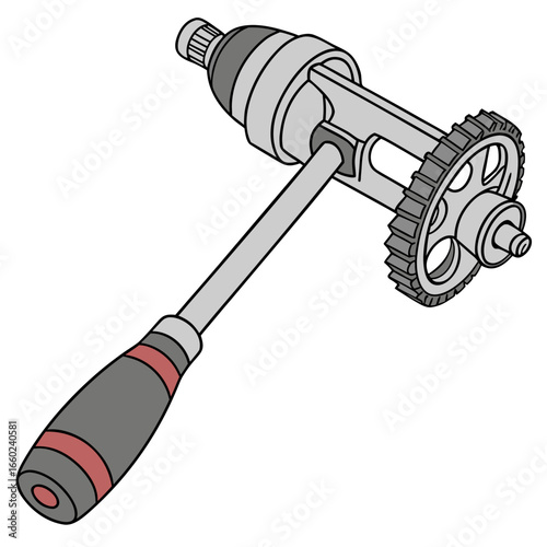 Close up illustration of a mechanical device with a gear and handle on a white background