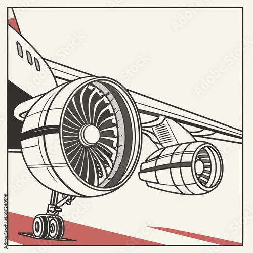 Close up illustration of a jet engine and landing gear of a modern airplane on a runway
