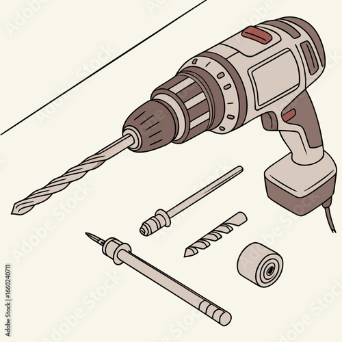 Cordless power drill with various drill bits and accessories laid out on a light background