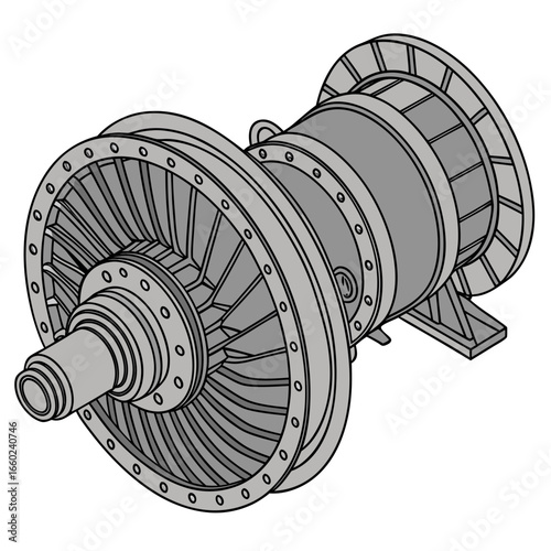 Detailed illustration of a complex industrial turbine engine component with intricate blades and bolted flanges