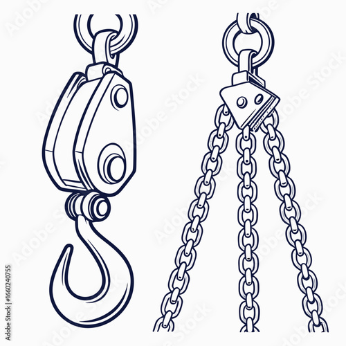 Detailed illustration of a heavy duty crane hook and a set of lifting chains against a white background