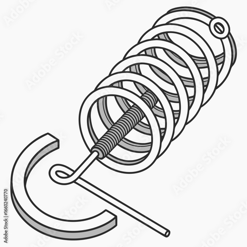 Detailed illustration of a mechanical spring assembly with a central rod and a c shaped component