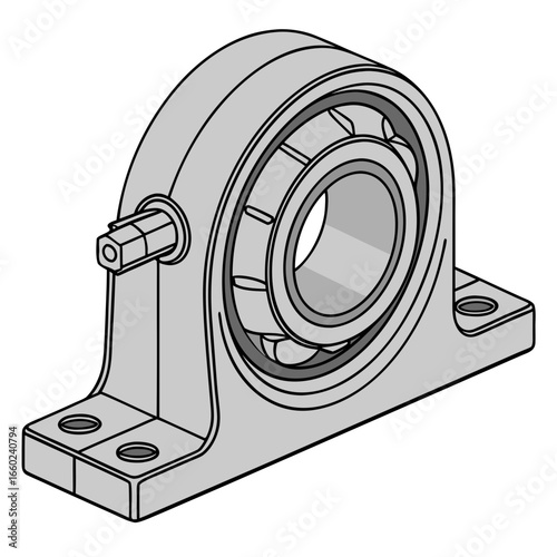 Detailed illustration of a pillow block bearing with visible ball bearings and mounting holes