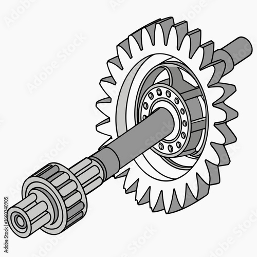 Detailed isometric illustration of a mechanical shaft with a large gear and a splined coupling