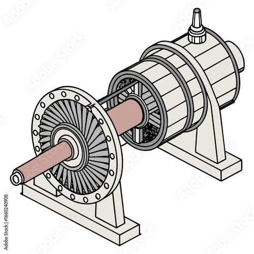 Detailed isometric illustration of a mechanical turbine generator with a rotor and stator assembly