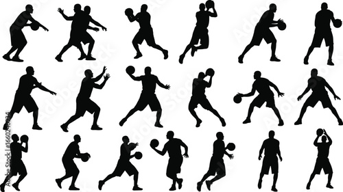 Silhouette Vector Illustration of Basketball Players in Dynamic Action Poses for Sports, Athletic Training, Game Promotion, and Creative Graphic Design Projects