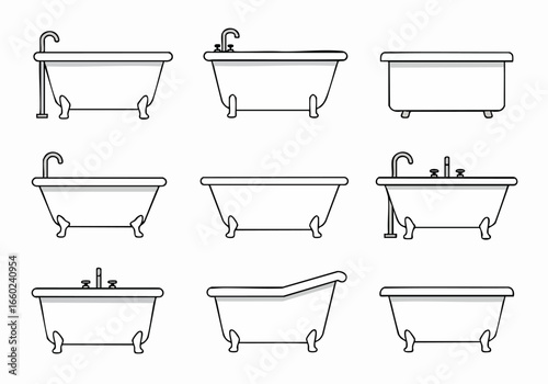 Nine distinct black and white line art bathtubs, offering a range of styles from classic clawfoot to contemporary, ideal for bathroom decor.