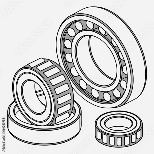 Detailed isometric illustration of ball and roller bearings for mechanical engineering applications