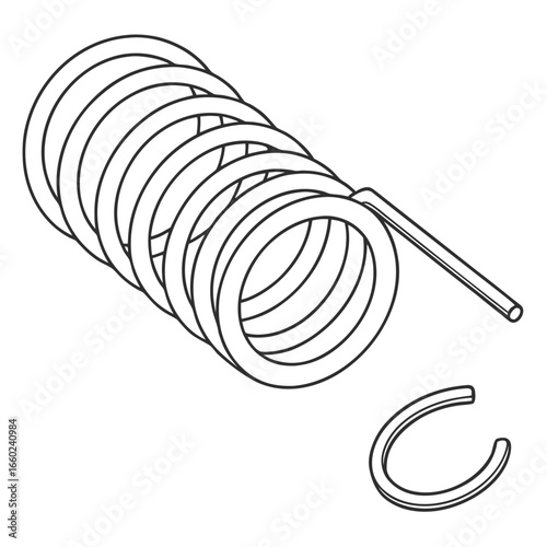 Detailed line drawing illustration of a metal coil spring with a separate retaining clip and a straight rod