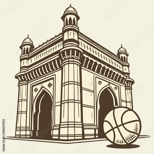 Iconic gateway of india landmark with a basketball in a vintage style illustration