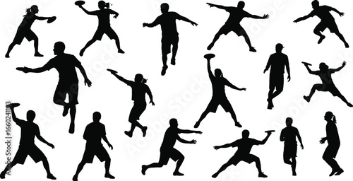Silhouette Vector Illustration of People Playing Frisbee in Multiple Dynamic Action Poses for Sports, Recreation, Outdoor Activity, and Graphic Design Projects