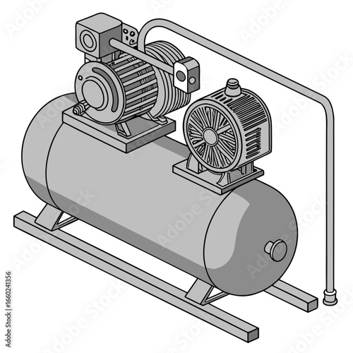 Industrial air compressor with motor and tank on a white background isometric view