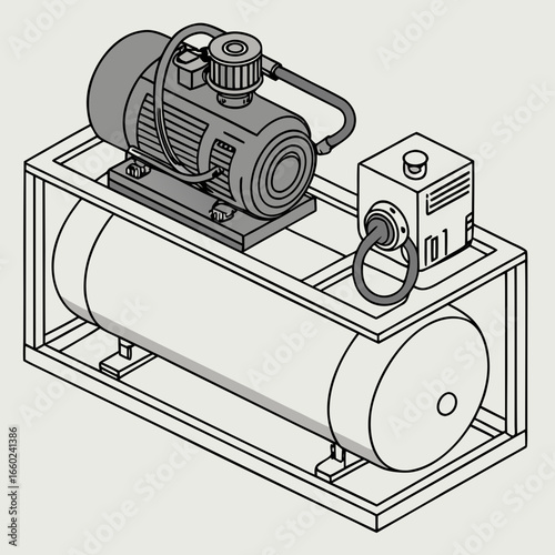 Industrial air compressor unit with electric motor and storage tank on a metal frame