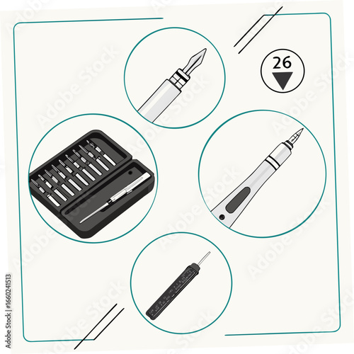 Precision screwdriver set with interchangeable bits and a digital caliper for detailed measurements