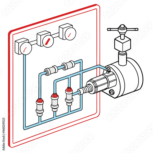 Schematic diagram of a gas control system with pressure gauges and regulators