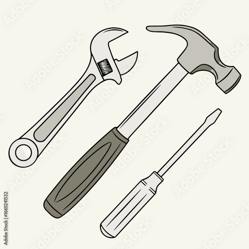 Set of essential hand tools including a wrench hammer and screwdriver on a light background
