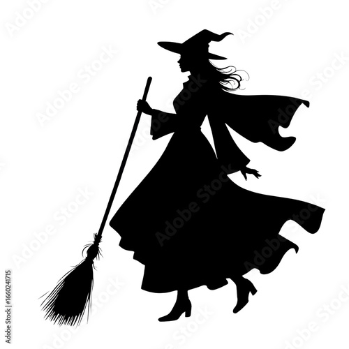 Silhouette of a Witch Ready to Fly Away on Her Broomstick under the Dark Night Sky on Halloween, isolated on transparent background
