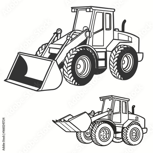 Two stylized line art illustrations of construction wheel loaders with buckets and large tires