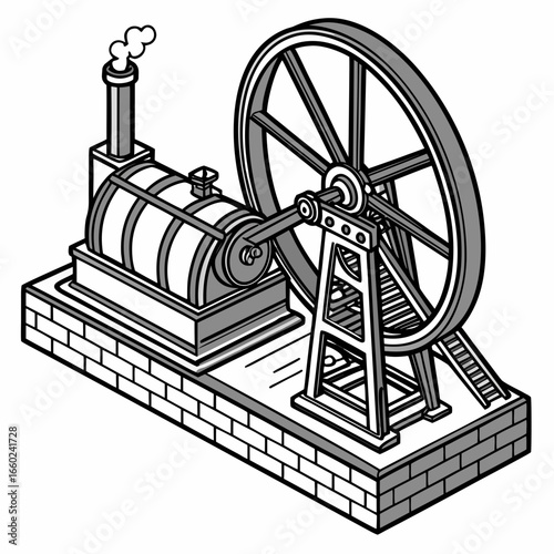 Vintage steam engine with a large flywheel and smoking chimney on a brick base