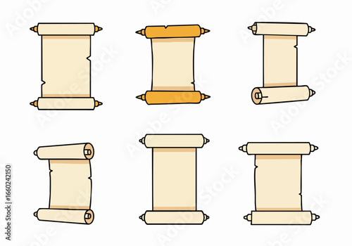 Collection of ancient paper scrolls and parchment banners, set of antique rolled document illustrations, vintage blank papyrus for text.