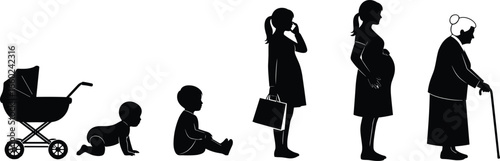 Human Life Stages Silhouette from Infancy to Old Age Vector Illustration for Growth, Development, Aging, Family, Education, and Lifestyle Concepts