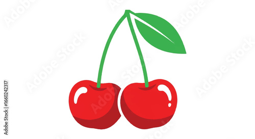 Vibrant red cherry with green stem and leaves illustration