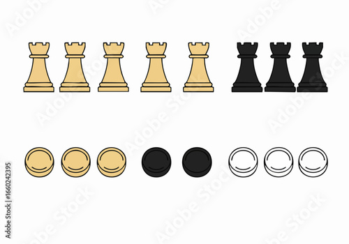 Illustrative collection of diverse chess rooks and checker pieces on a clean white background.