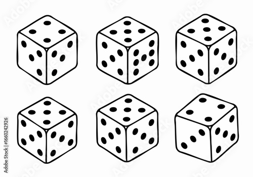 Six Black and White Outline Dice Illustration for Gaming, Gambling, and Chance Concepts on White Background
