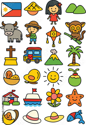 Philippines Cartoon Icon Collection – Jeepney, Tarsier, Carabao, Filipino Culture Doodle Set