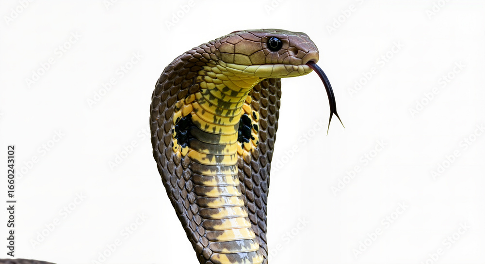 Fototapeta premium Close Up Portrait of a King Cobra Snake with its Tongue Flicking Against a Clean White Isolated Background
